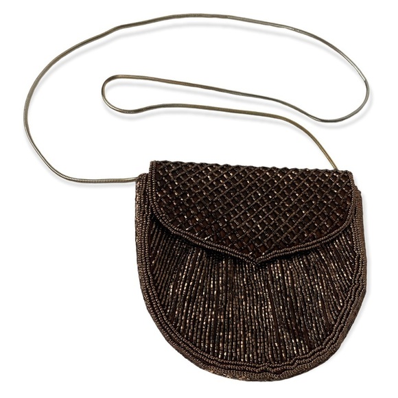 Vintage GENIE Beaded Purse Brown Evening Crossbody Bag HONG KONG HandMade - Picture 3 of 6